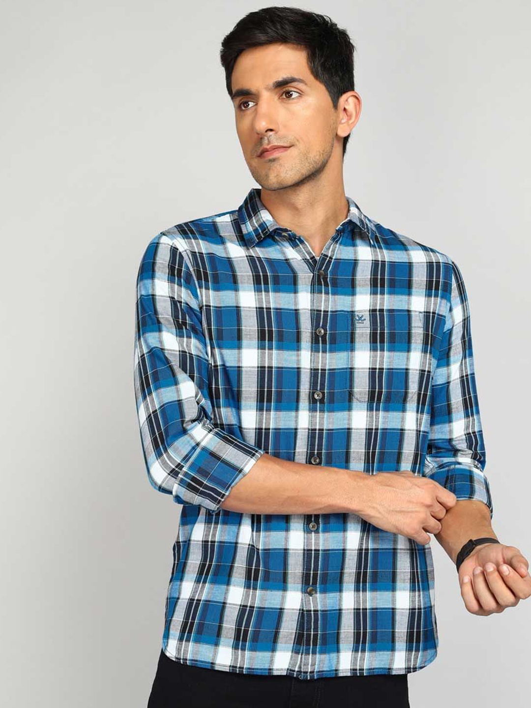 

WROGN Men Spread Collar Tartan Checked Cotton Casual Shirt, Blue