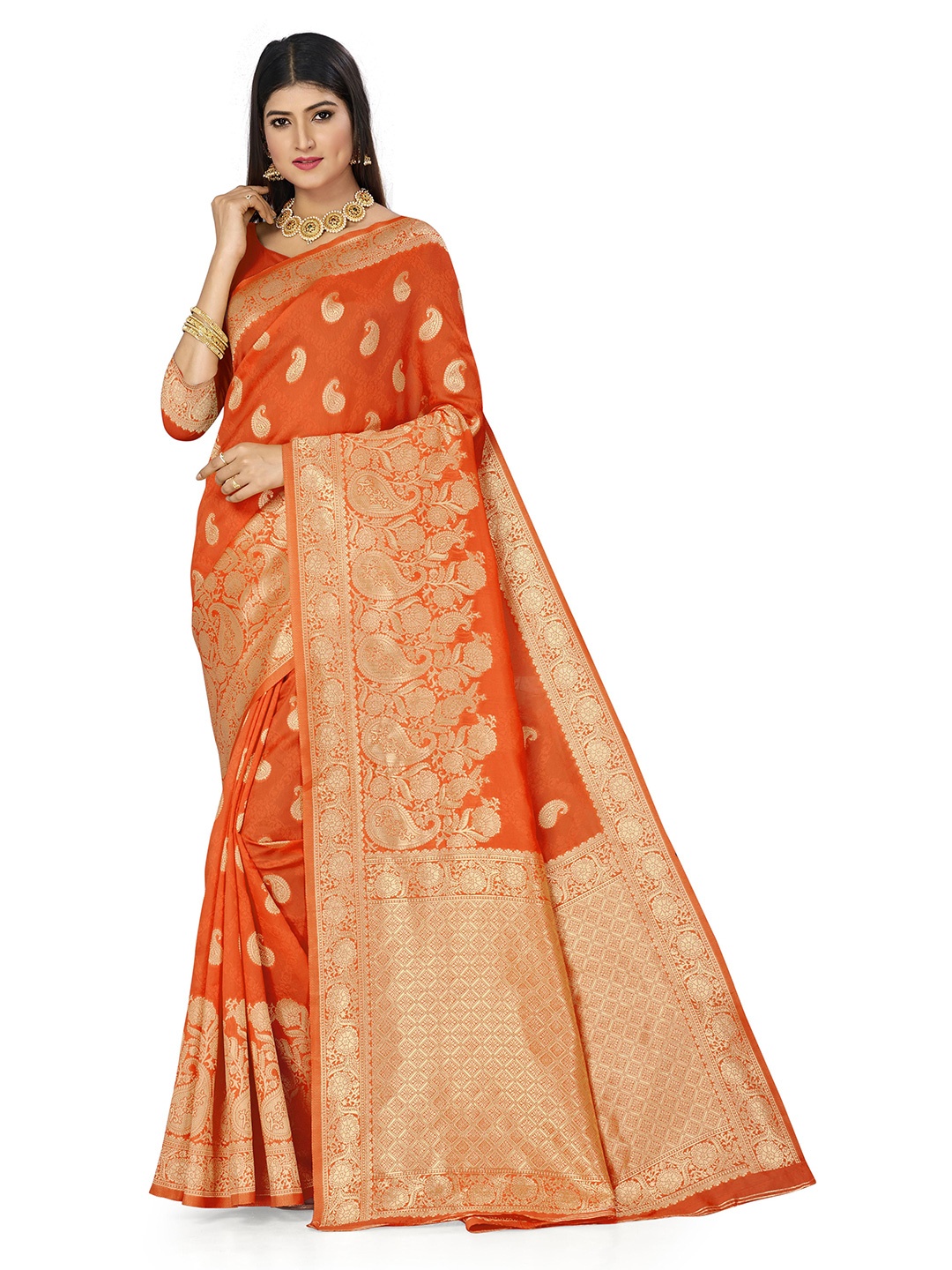 

Maroosh Floral Zari Silk Banarasi Saree, Orange