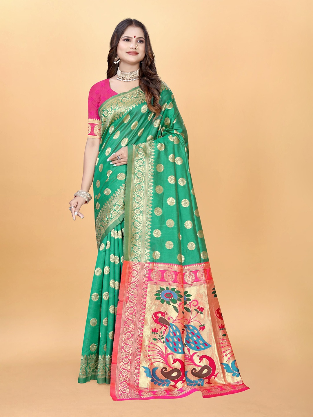 

VenderVilla Woven Design Zari Paithani Saree, Sea green