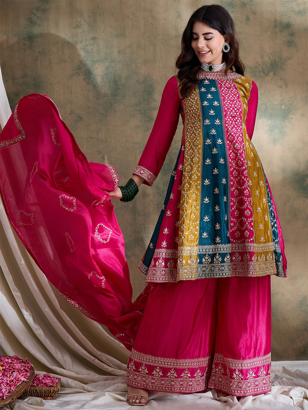 

Miss Ethnik Floral Embroidered Thread Work Anarkali Kurta With Palazzos & Dupatta, Pink