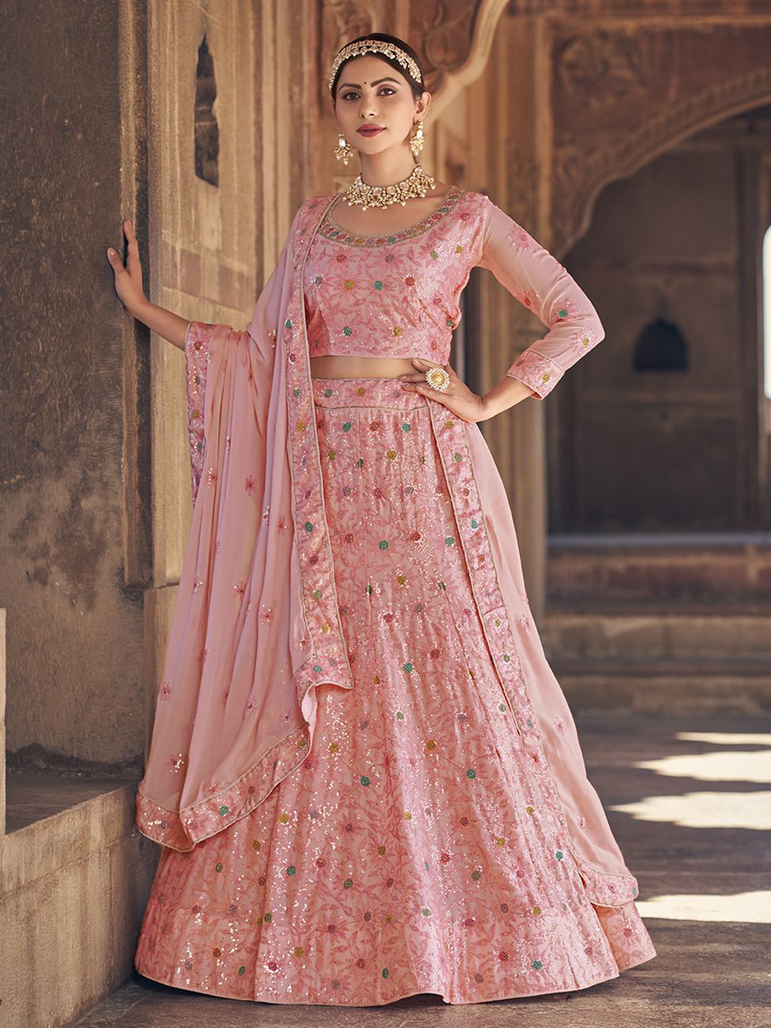 

Pink Ethnic Women Embellished Semi-Stitched Lehenga & Unstitched Blouse With Dupatta