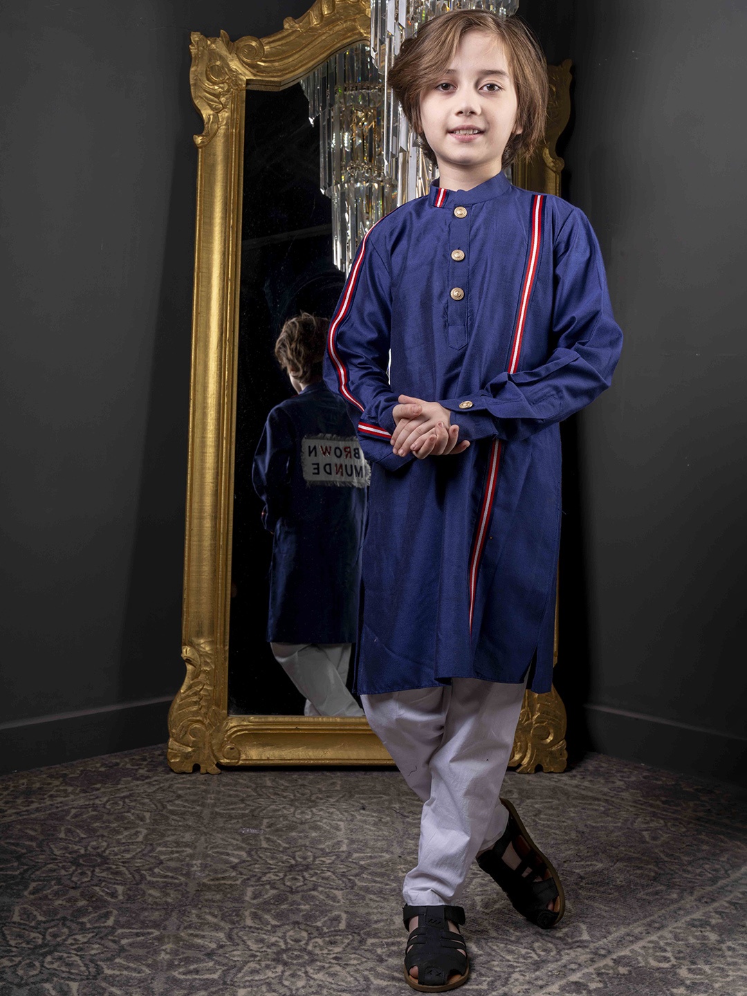 

HOITY MOPPET Boys Printed Mandarin Collar Kurta with Trouser, Blue