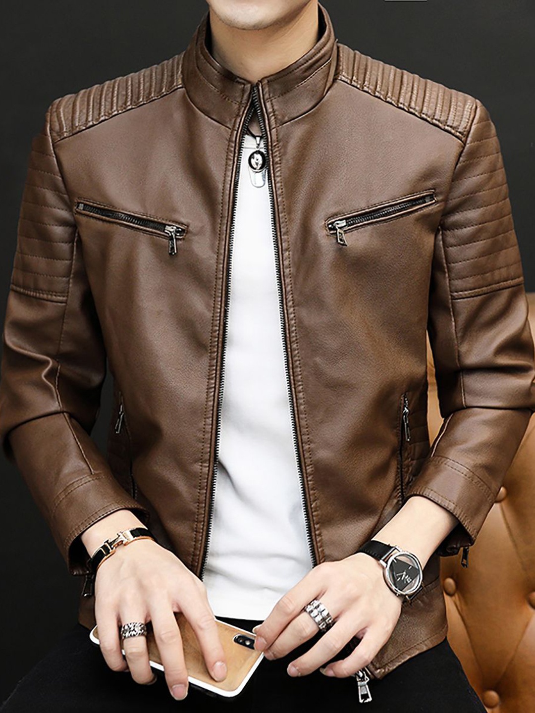 

StyleCast x Revolte Men Mock Collar Solid PU Casual Leather Jacket, Brown
