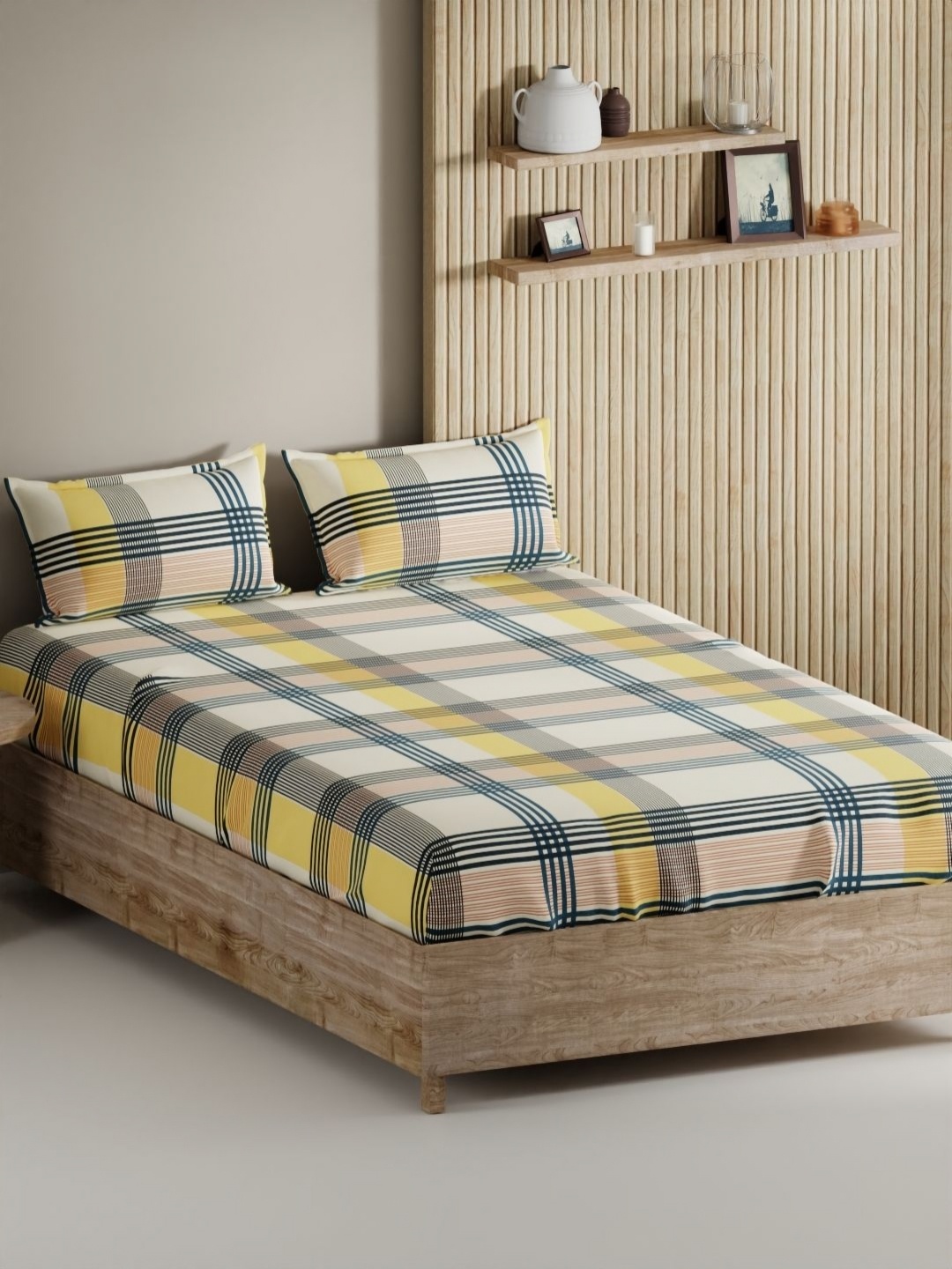 

BIANCA Palladium Yellow Printed Pure Cotton144 TC King Bedsheet Set 2.74 m X 2.74 m