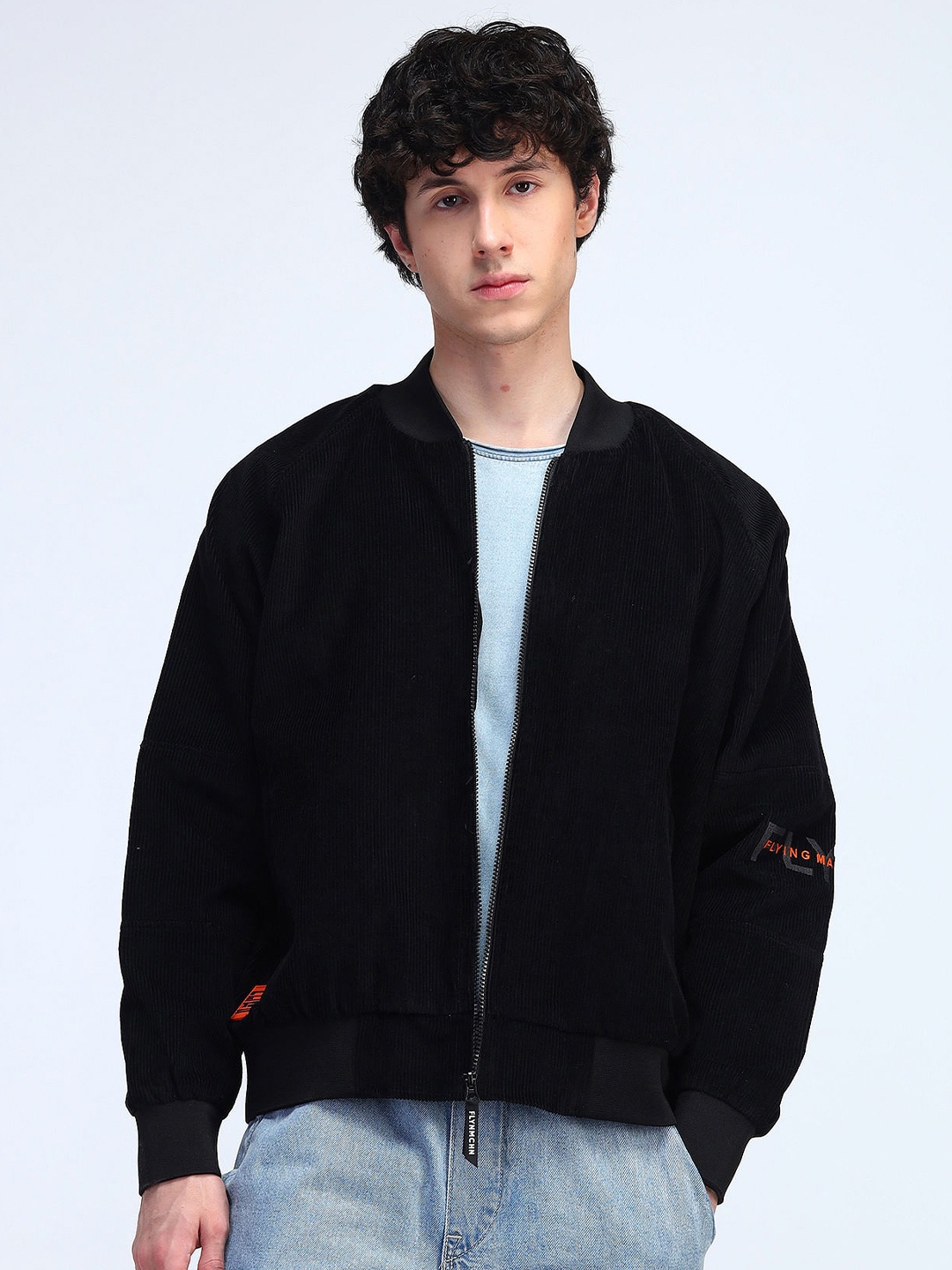 

Flying Machine Men Stand Collar Solid Casual Open Front Jacket, Black