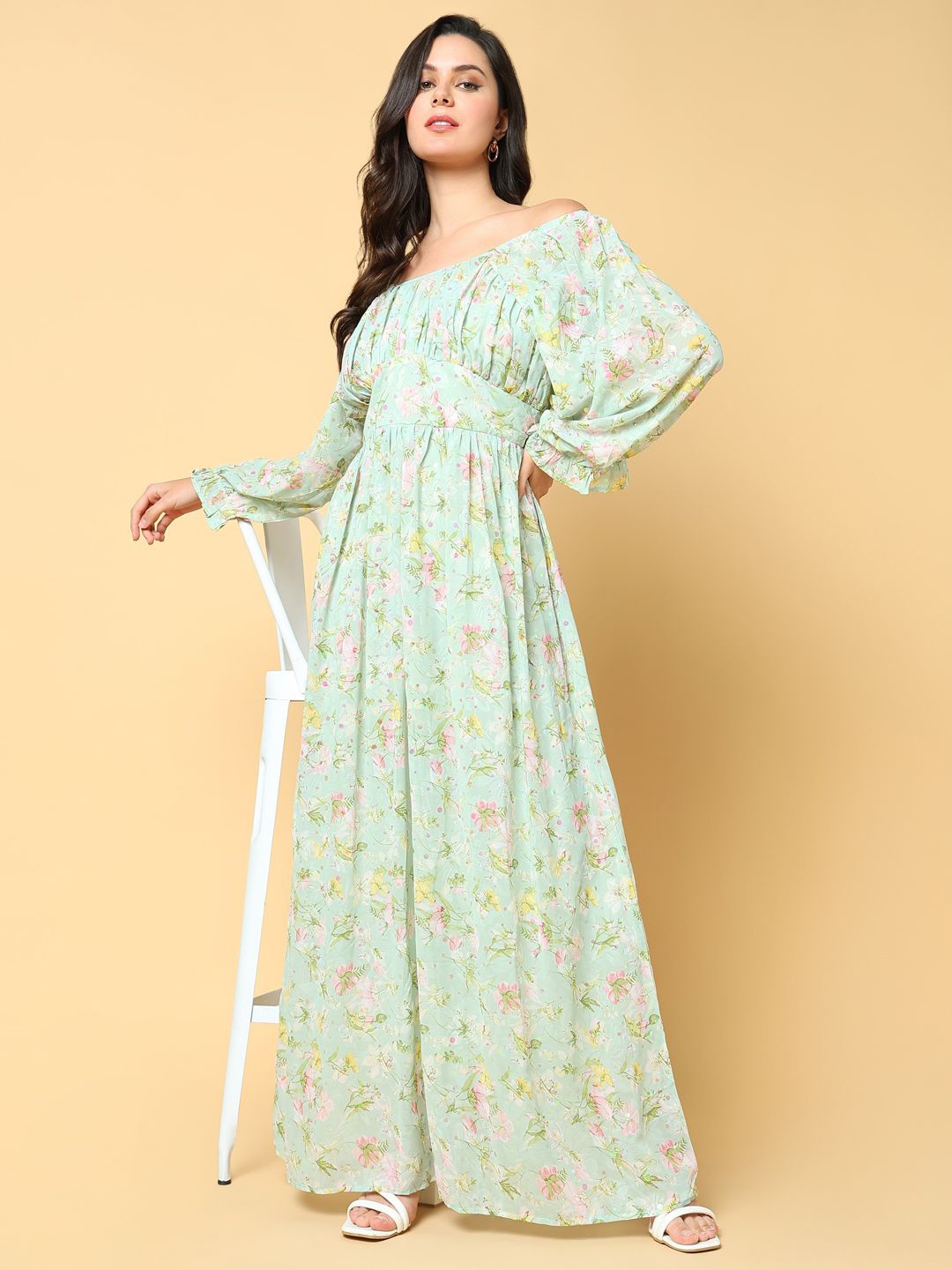 

SHOWOFF Women Floral Print Off-Shoulder Puff Sleeve Georgette Fit & Flare Maxi Dress, Green