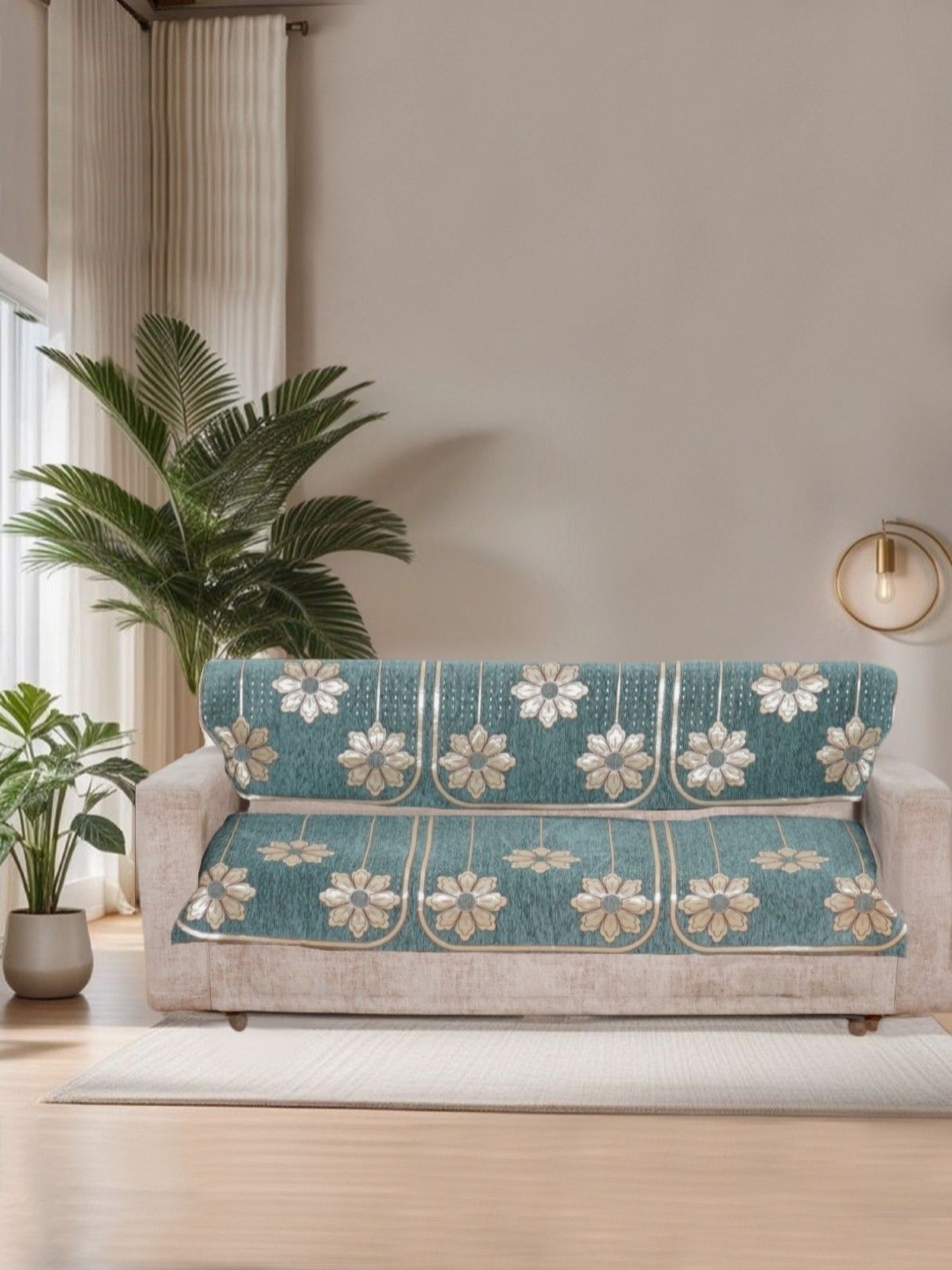 

BREVARD Sea Green & Gold Toned 6 Pieces Floral printed 3 Seater Sofa Covers