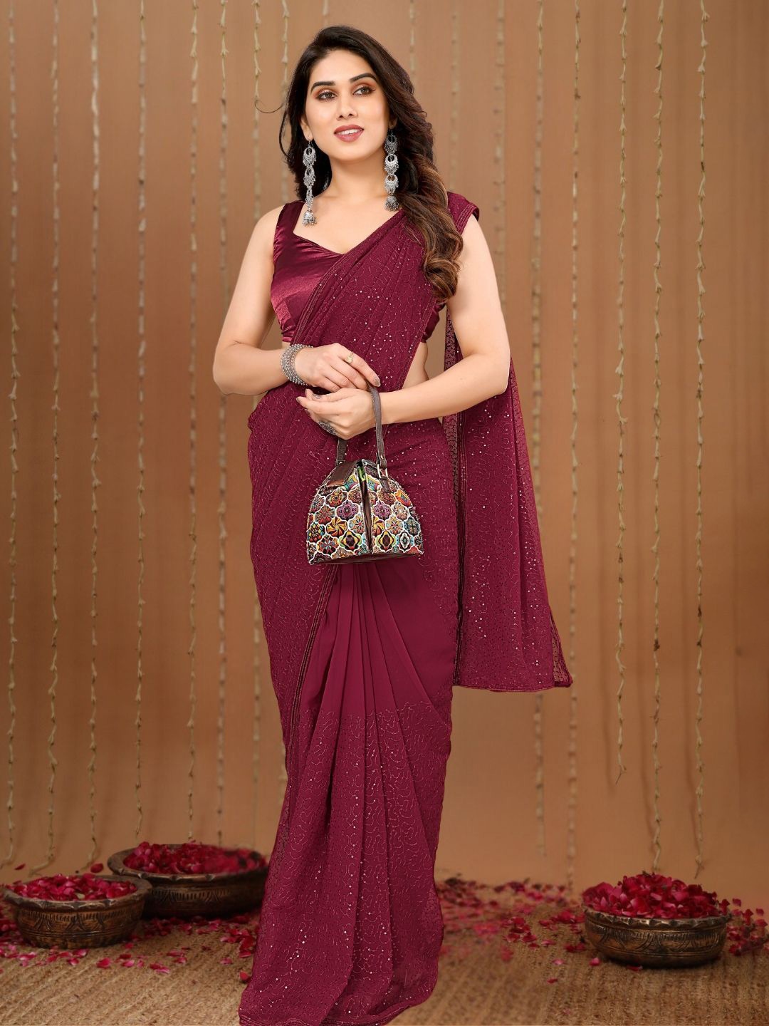 

MAGMINA Women Sequinned Pure Georgette Ready to Wear Saree, Maroon