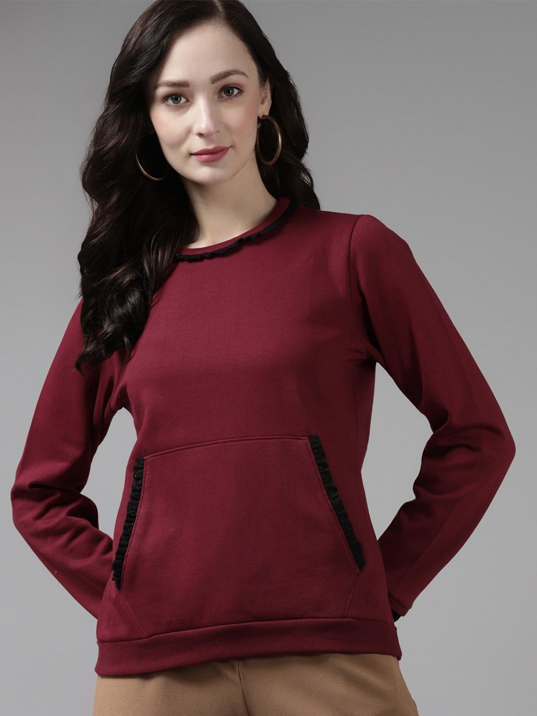

Cayman Women Solid Round Neck Cotton Pullover Sweatshirt, Maroon