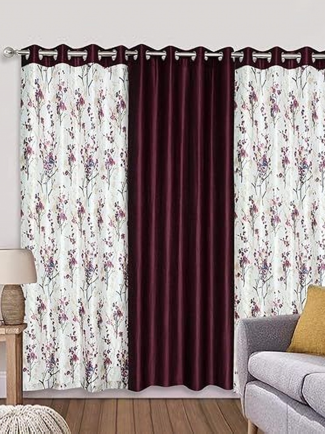 

Banchmark Home Furnishings Purple & White Set of 3 Floral Long Door Curtain