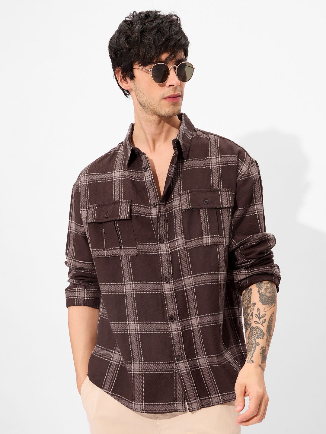 

The Souled Store Men Spread Collar Tartan Checked Cotton Casual Shirt, Brown