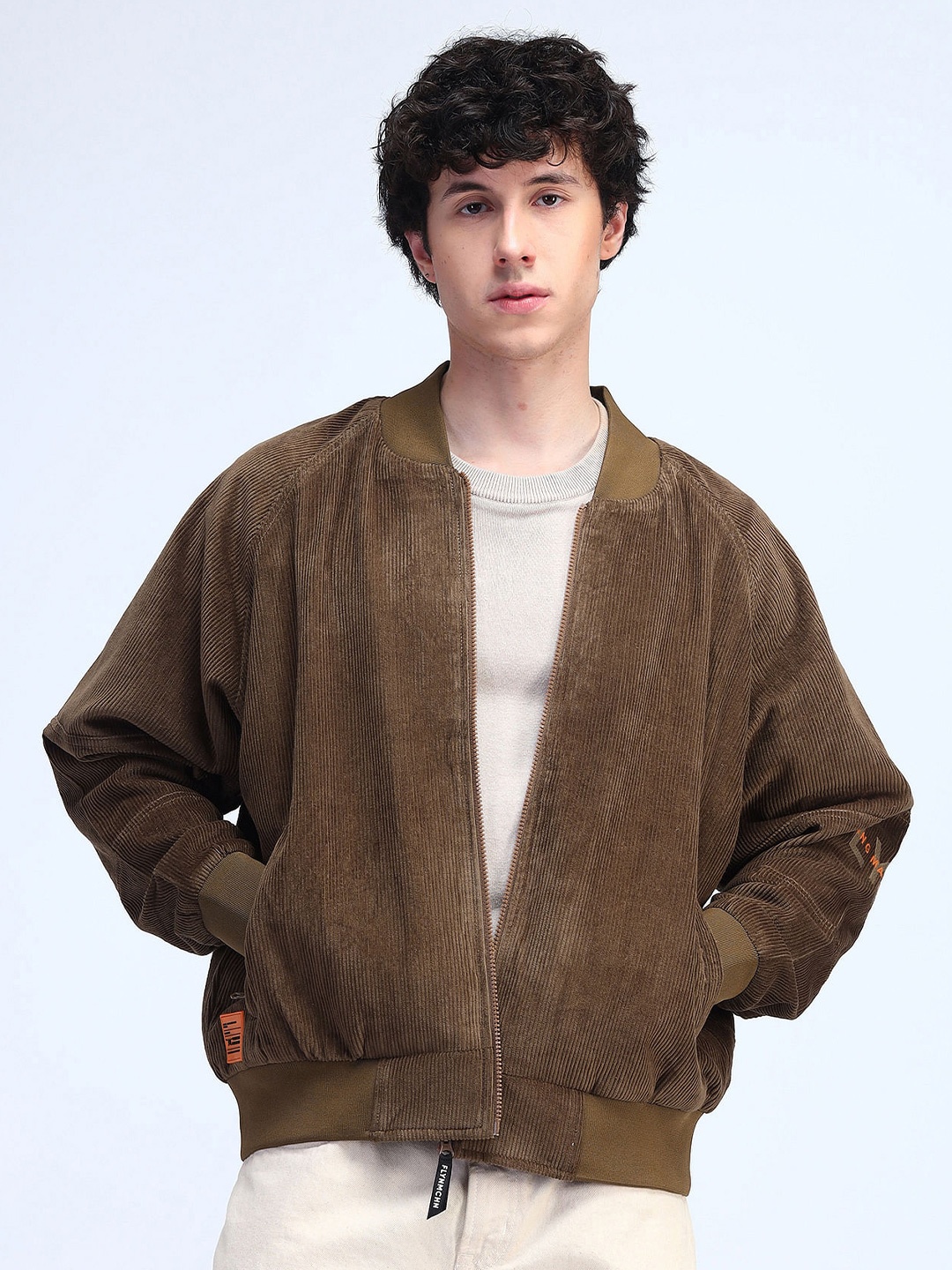 

Flying Machine Men Stand Collar Self Design Casual Open Front Jacket, Brown