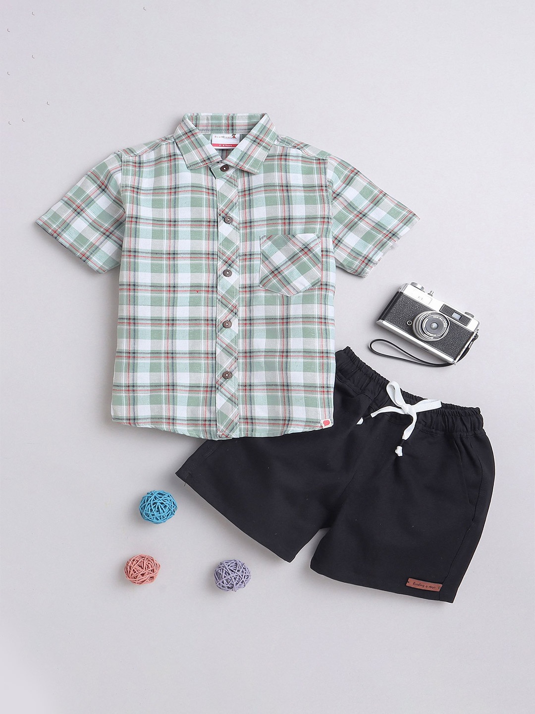 

BAATCHEET Boys Pure Cotton Checked Shirt with Shorts, Green
