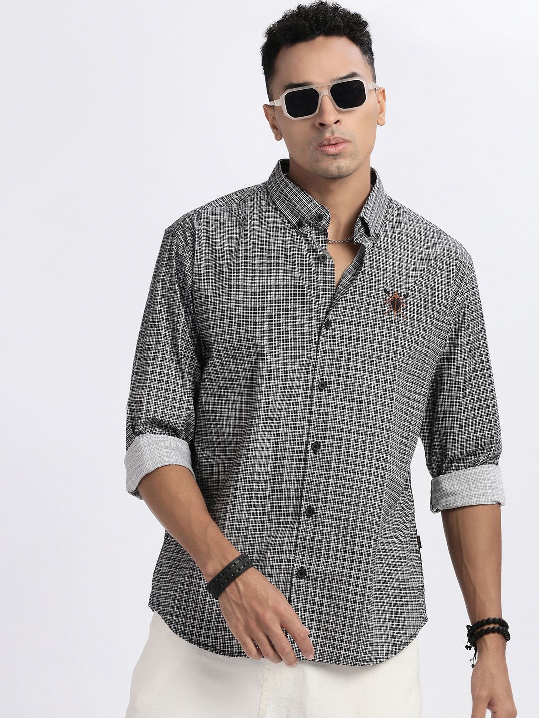 

SHOWOFF Men Standard Button-Down Collar Micro Checked Cotton Slim Fit Casual Shirt, Black