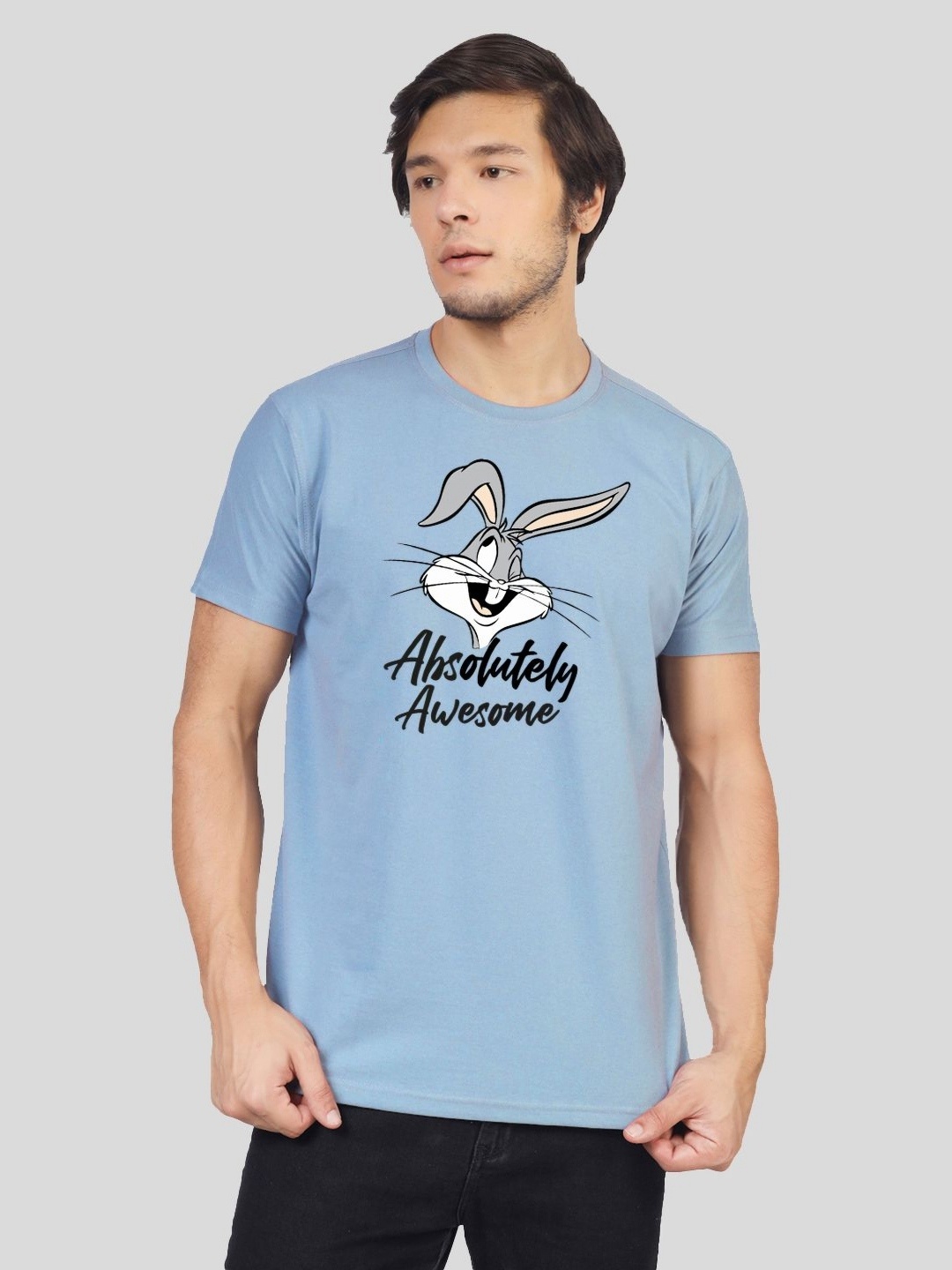 

Greylongg Men Looney Tunes Graphic Printed Round Neck Cotton T-shirt, Blue