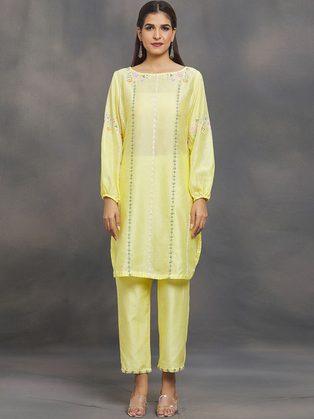 

Samyukta Singhani Floral Embroidered Thread Work Silk Georgette Kurta with Trouser, Yellow