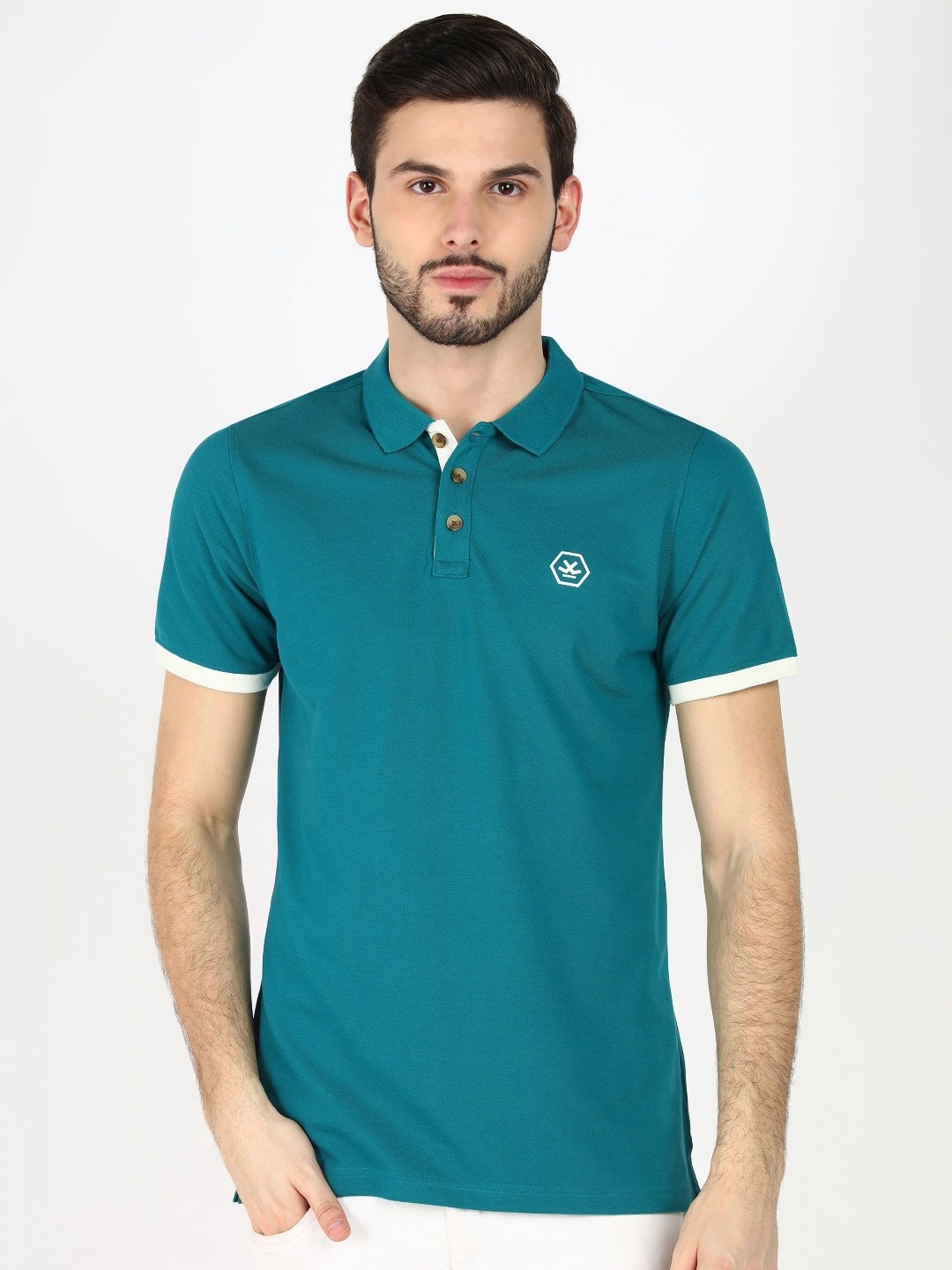 

WROGN Men Solid Polo Collar Cotton T-shirt, Teal