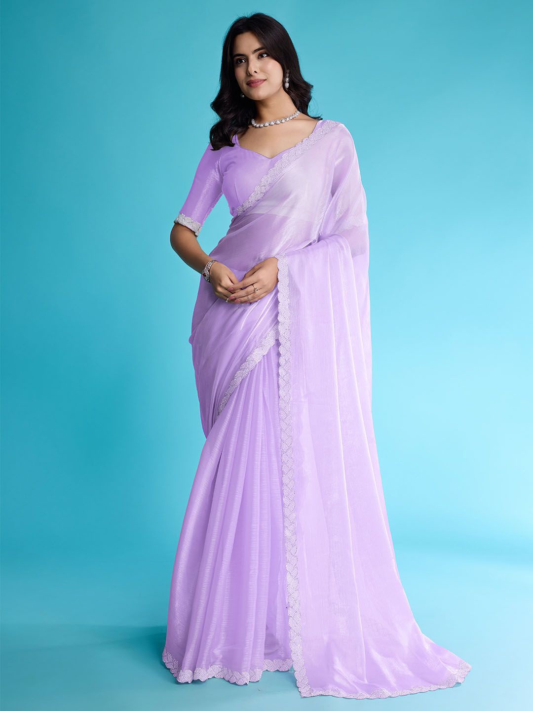 

Meena Bazaar Embroidered Solid Poly Chiffon Saree, Purple