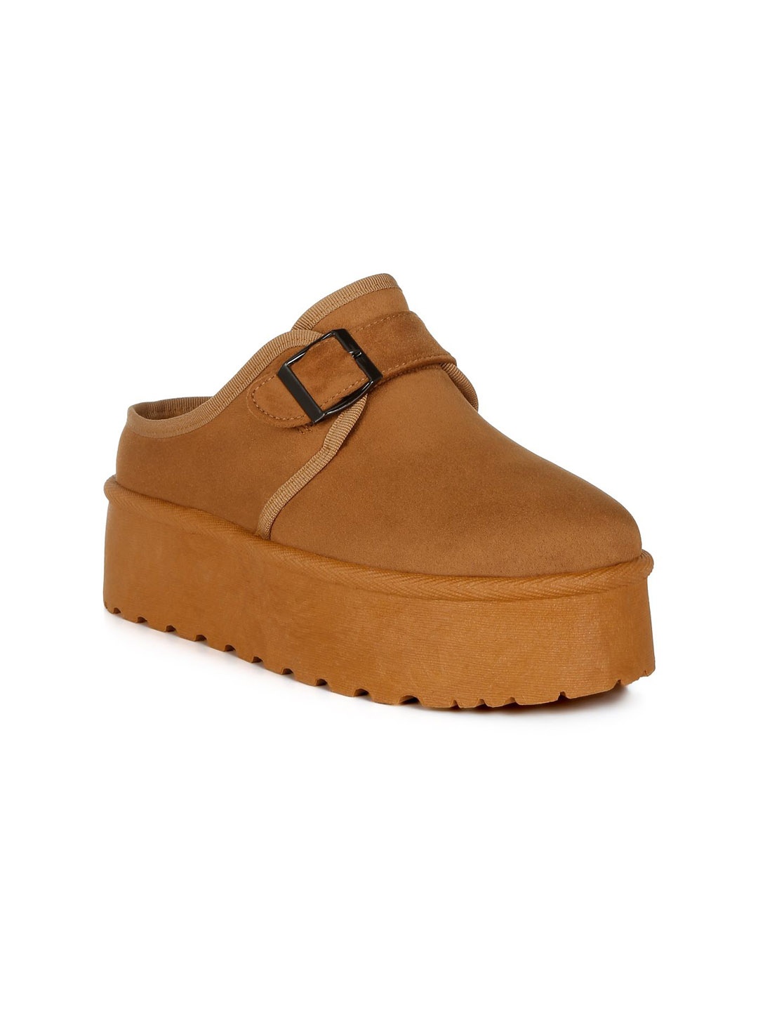 

London Rag Women Buckle Strap Fur Platform Classic Casual Shoes, Tan