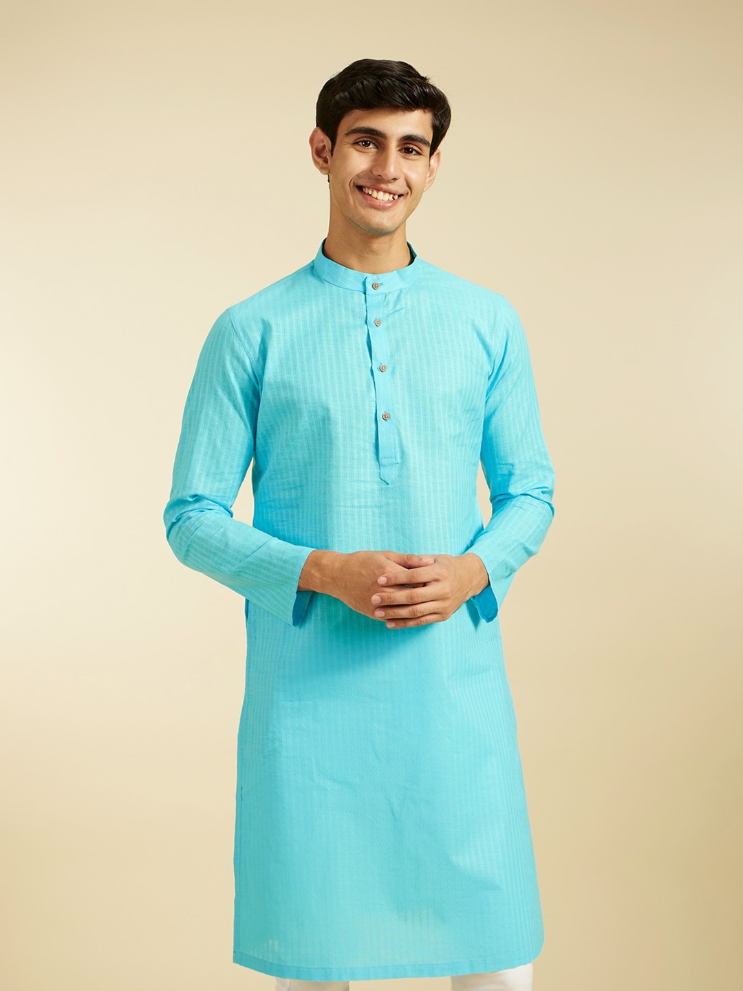 

Diwas by Manyavar Men Striped Mandarin Collar Cotton Straight Kurta, Blue