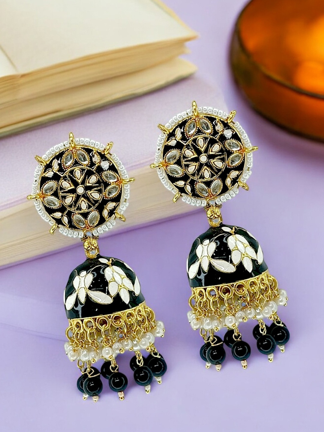 

9blings Gold Plated Kundan Studded Dome Shaped Jhumkas, Black