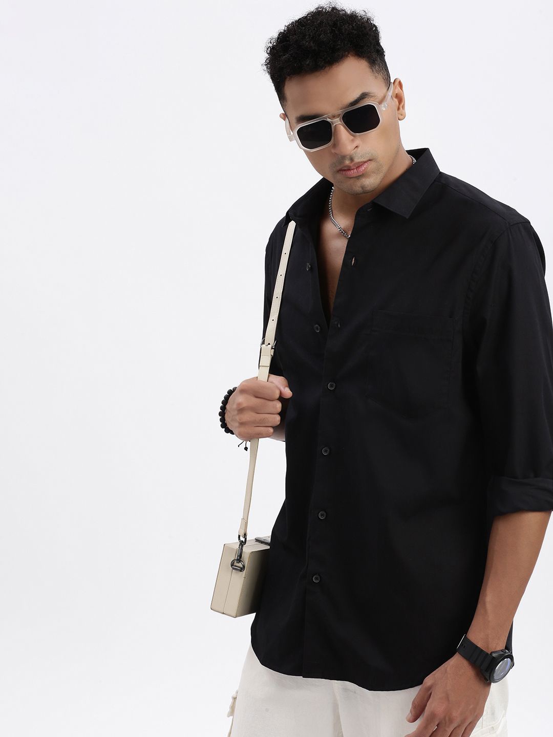 

SHOWOFF Men Premium Spread Collar Solid Cotton Slim Fit Formal Shirt, Black