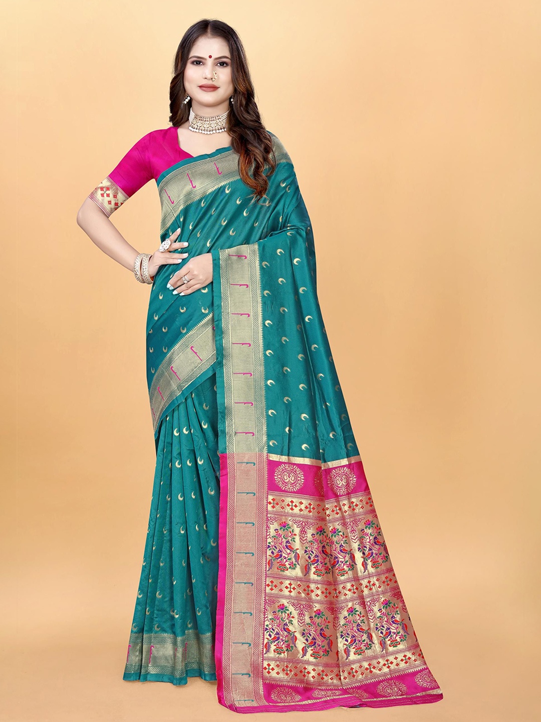 

VenderVilla Ethnic Motifs Woven Design Paithani Saree, Turquoise blue