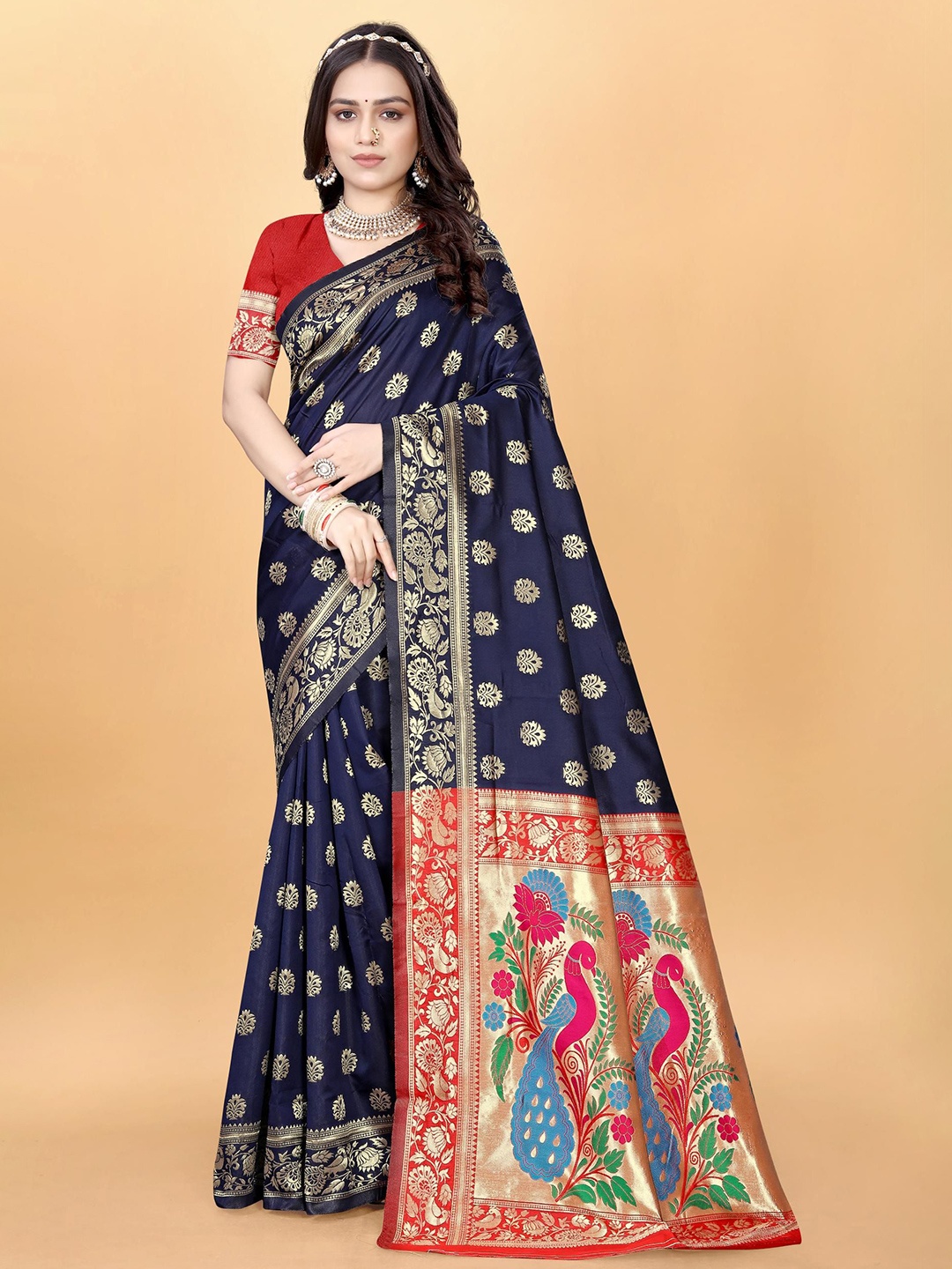 

VenderVilla Ethnic Motifs Woven Design Zari Paithani Saree, Navy blue