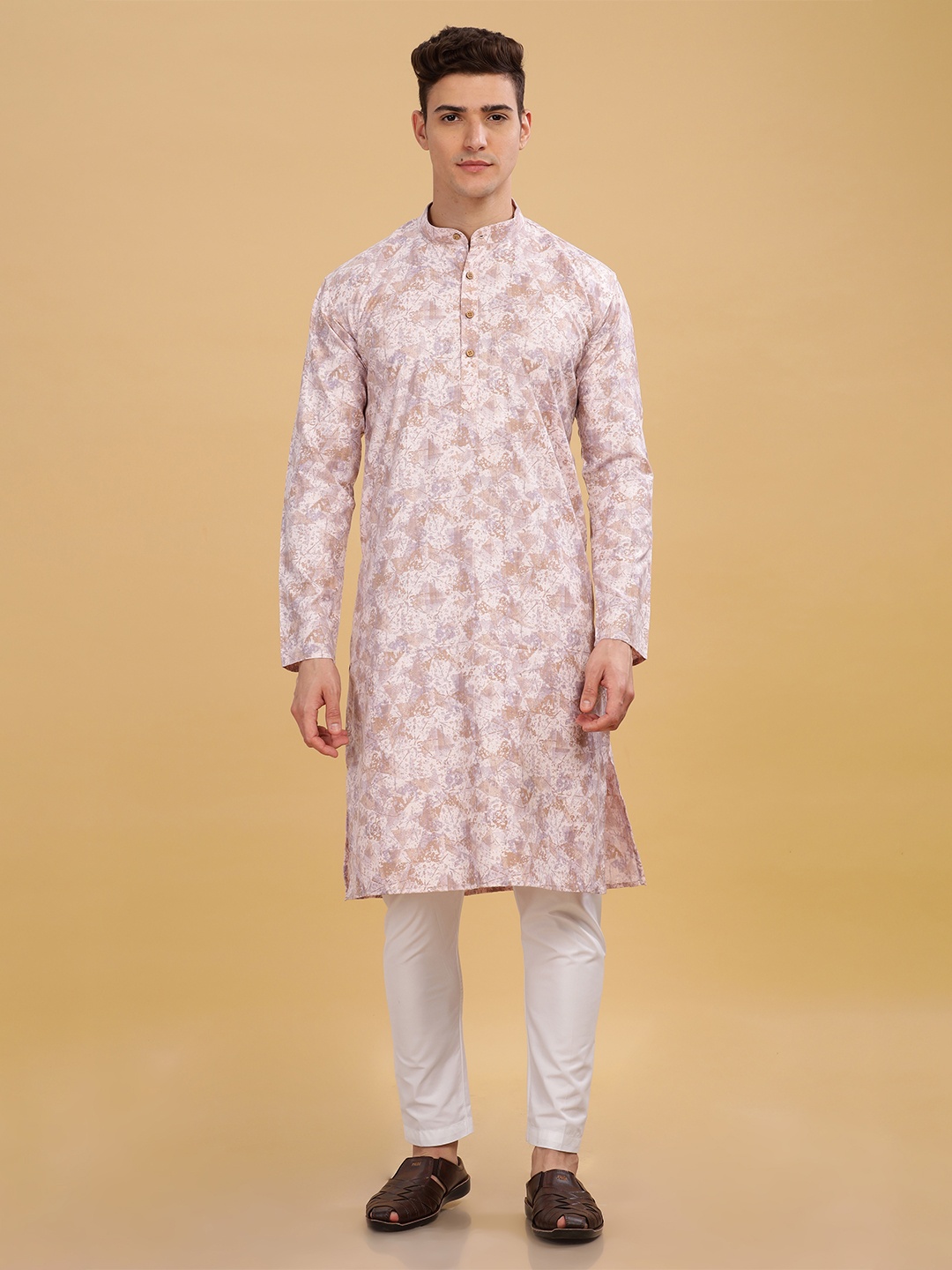 

Anouk Men Abstract Printed Long Sleeves Mandarin Collar Cotton Kurta, Pink