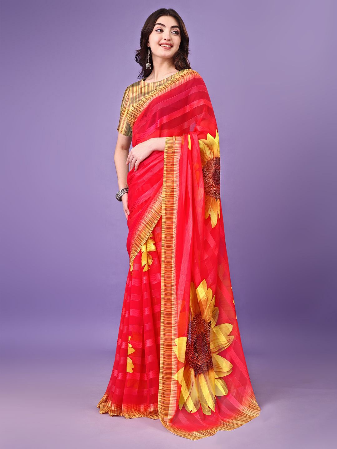 

P D Silk Mills Floral Printed Pure Georgette Saree, Red