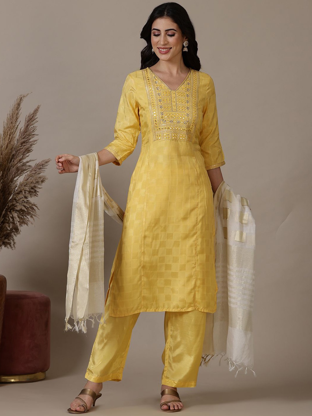 

AURELIA Geometric Woven Design Mirror Work Straight Kurta with Palazzo & Dupatta, Yellow