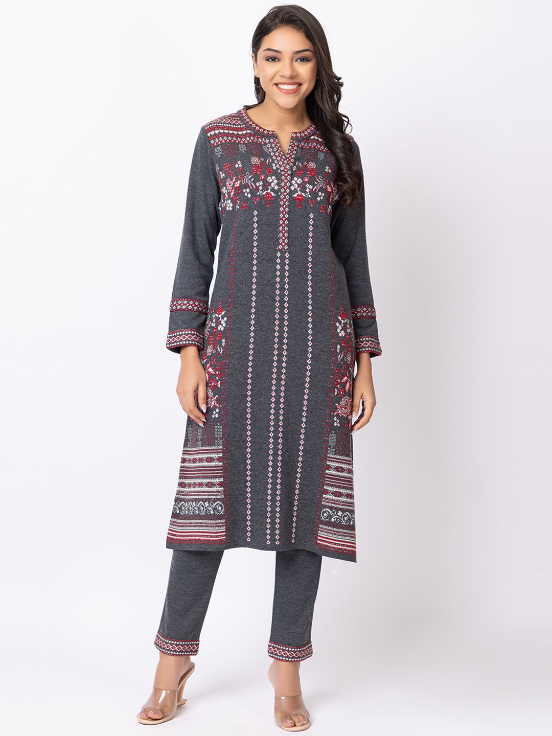 

KEIKO Ethnic Motifs Woven Design Knitted Jacquard Acrylic Straight Kurta With Trouser, Grey melange