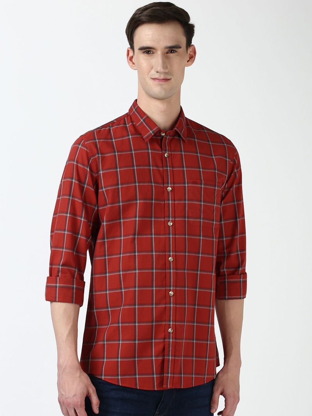 

Peter England Casuals Men Spread Collar Checked Cotton Slim Fit Casual Shirt, Red