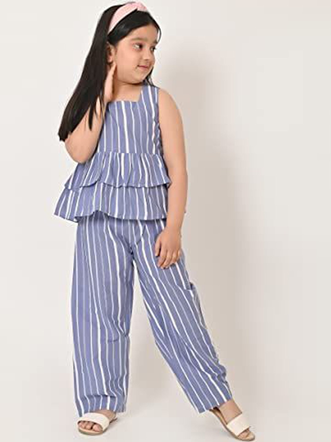 

Cloth Bites Girls Striped Pure Cotton Top with Trousers, Blue