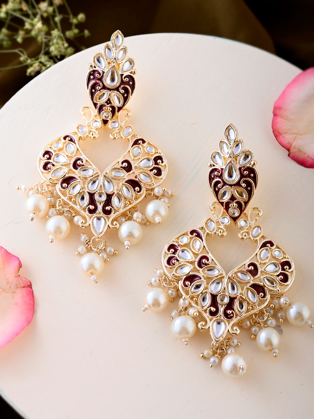 

Shoshaa Gold Plated Kundan Contemporary Drop Earrings, Maroon