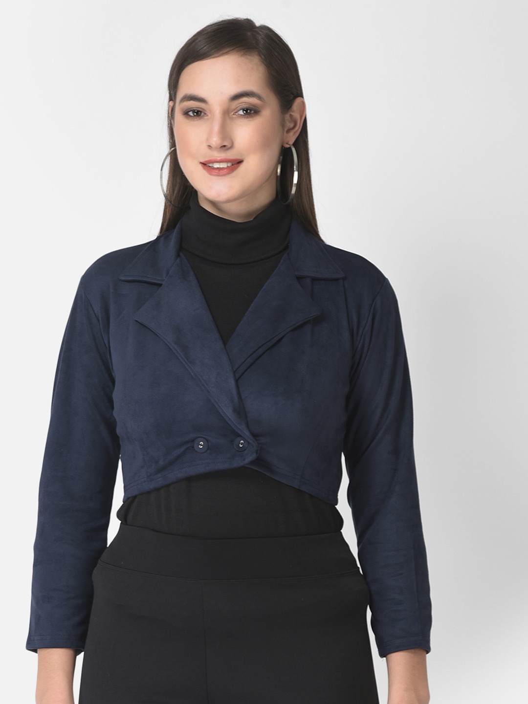 

FNOCKS Women Solid Notched Lapel Collar Crop Woollen Pea Coat, Navy blue