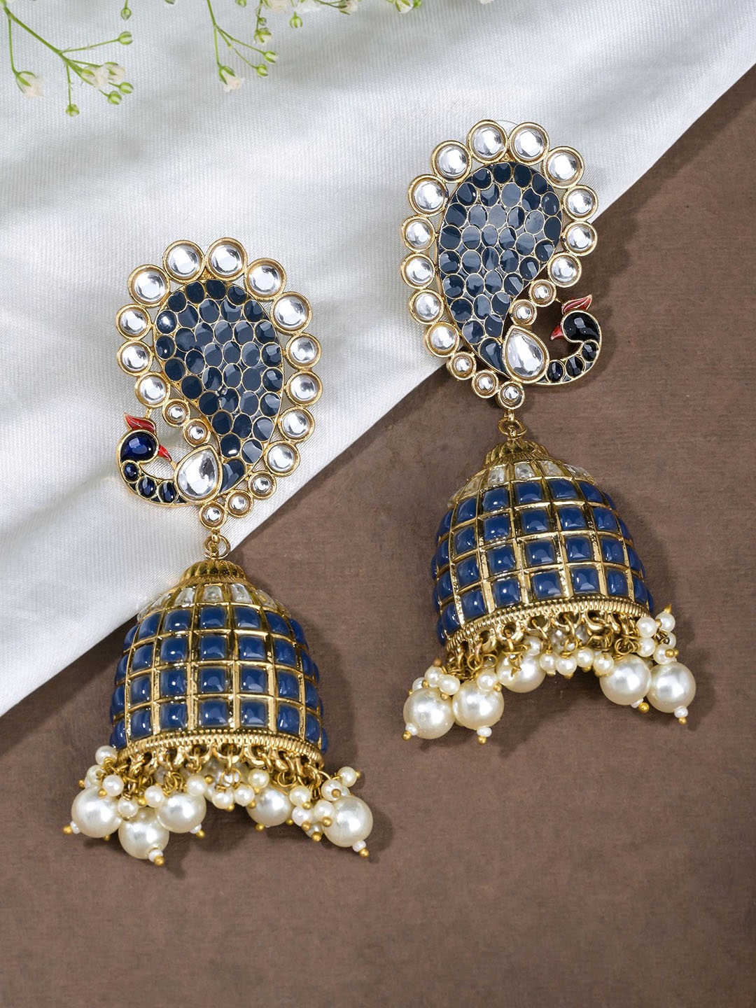 

Designbox Gold-Plated Peacock Shaped Jhumkas Earrings, Blue
