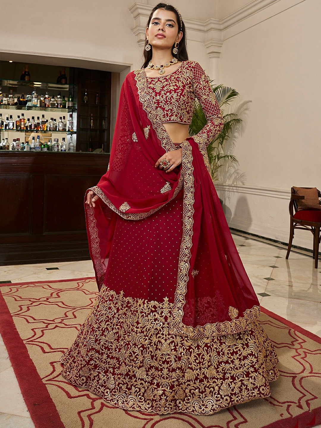 

ODETTE Embroidered Semi-Stitched Lehenga & Blouse With Dupatta, Red