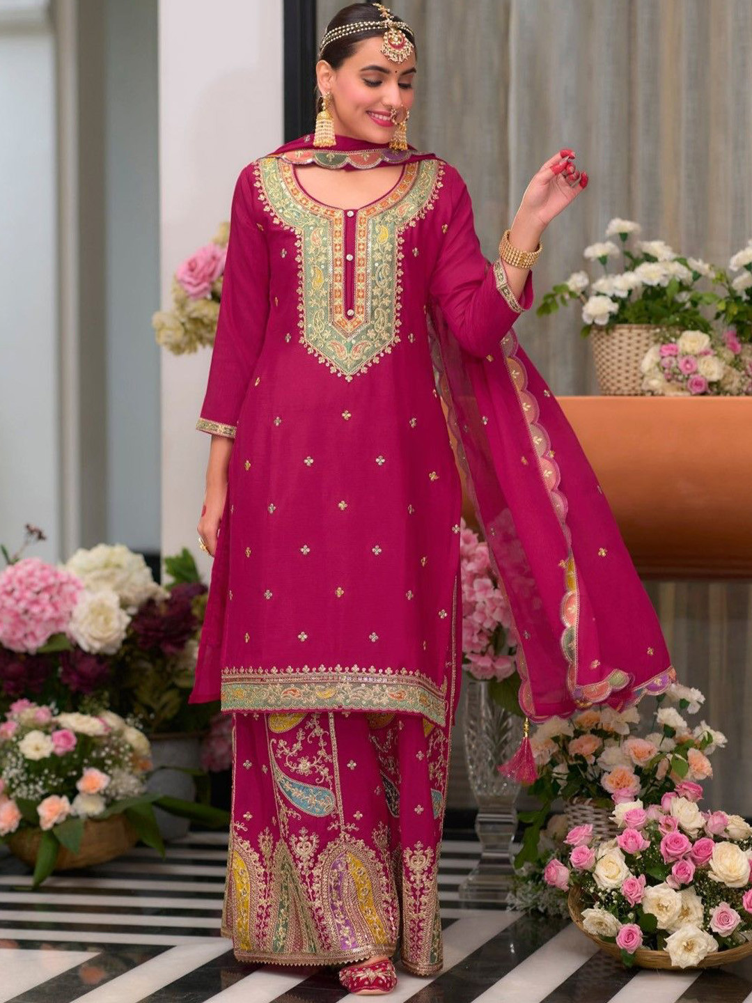 

AUTUMN LANE Paisley Zari Embroidered Silk Georgette Kurta with palazzo and Dupatta, Magenta