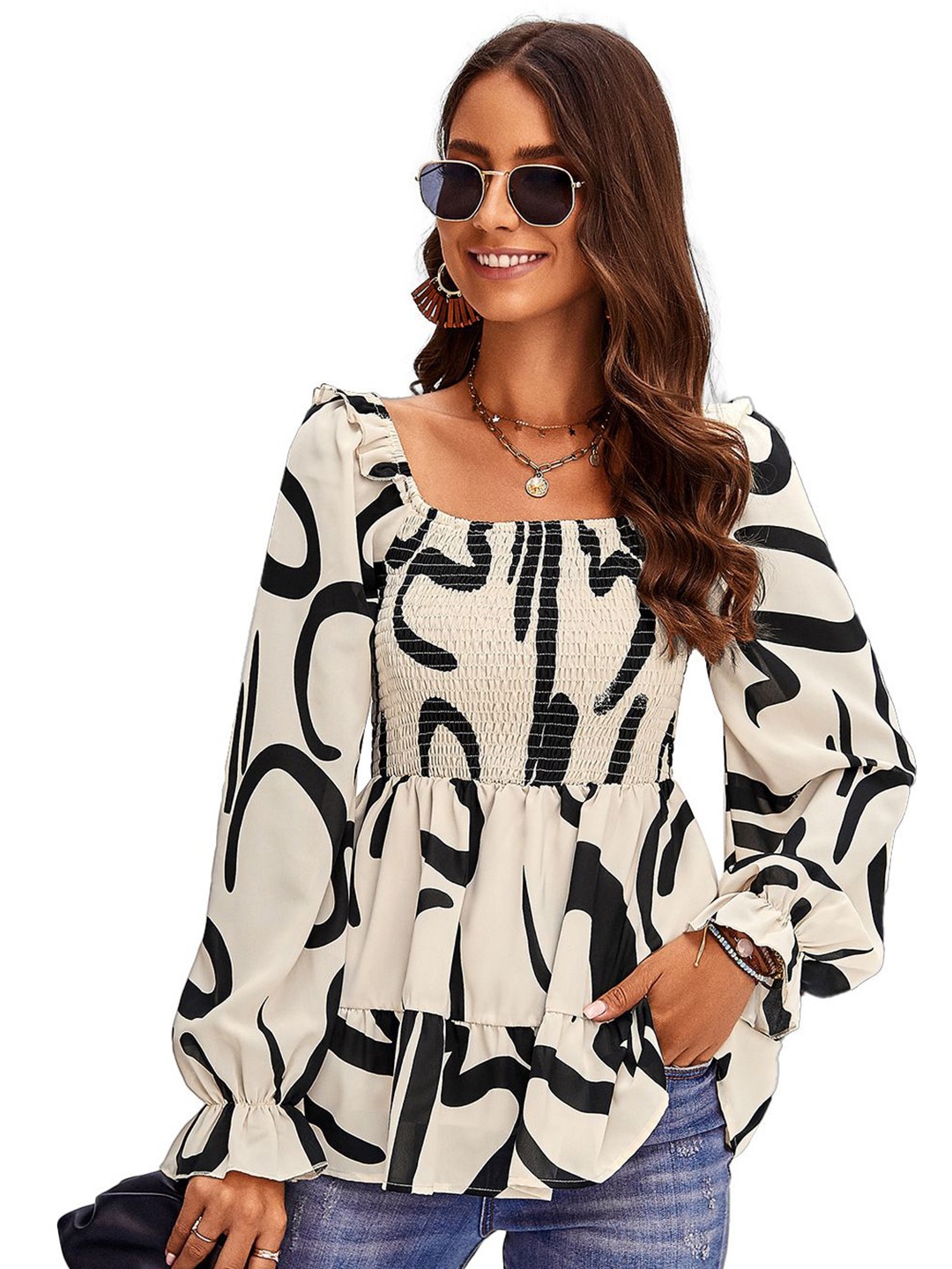 

StyleCast Women Abstract Printed Square Neck Top, Off white