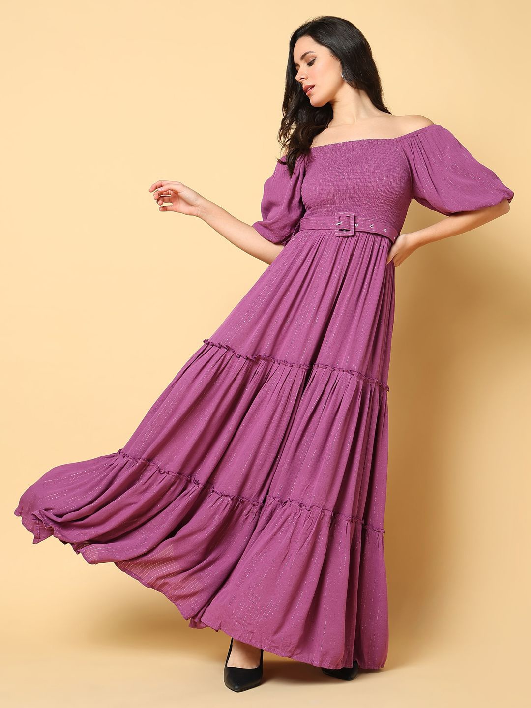 

SHOWOFF Women Off-Shoulder Puff Sleeves Fit & Flare Maxi Dress, Purple
