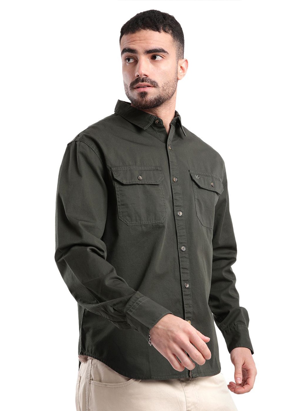 

WROGN Men Spread Collar Solid Cotton Casual Shirt, Olive