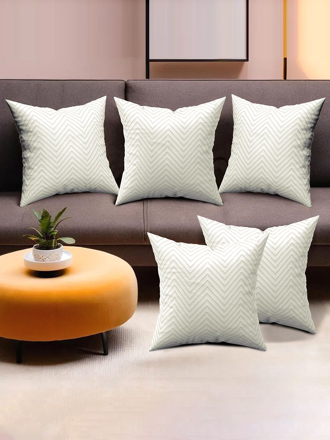 

Kuber Industries White & Beige 5 Pieces Geometric Square Cushion Covers