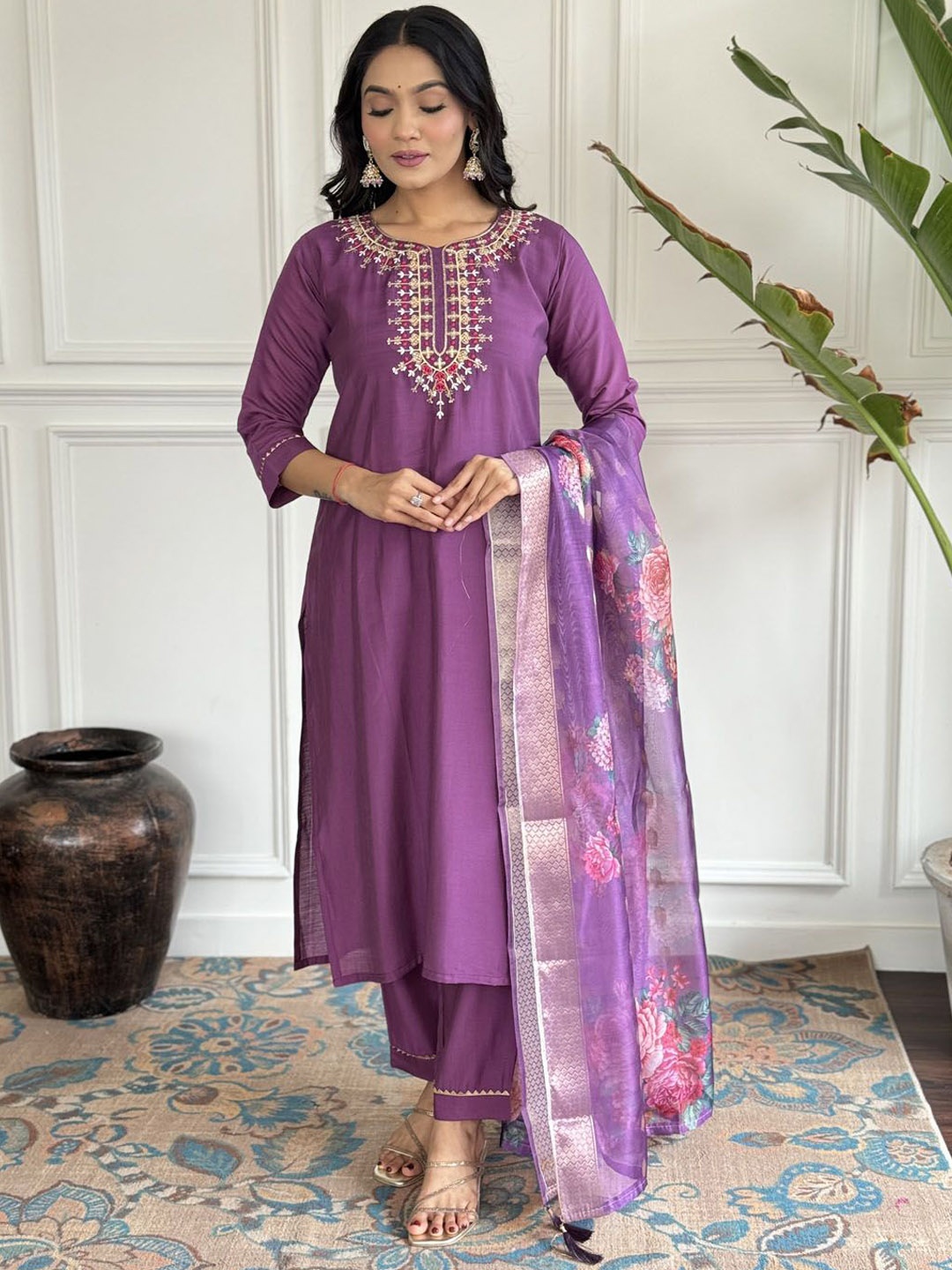 

Meena Bazaar Floral Embroidered Thread Work Kurta with Trousers & Dupatta, Purple