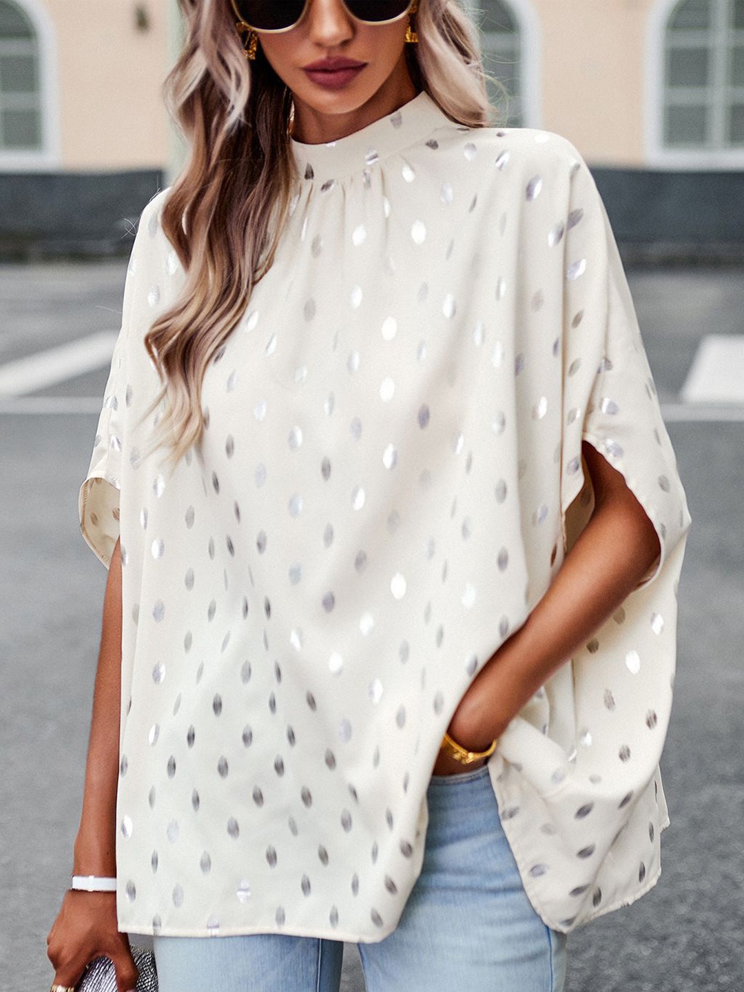 

StyleCast Women Polka Dots Printed High Neck Top, White