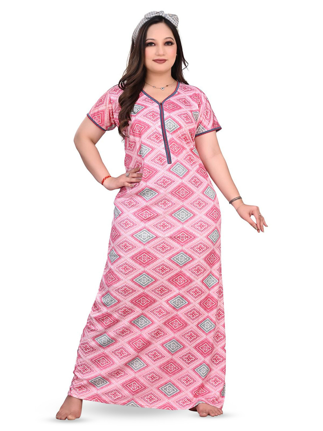 

G4Girl Women Geometric Printed Maxi Nightdress, Pink