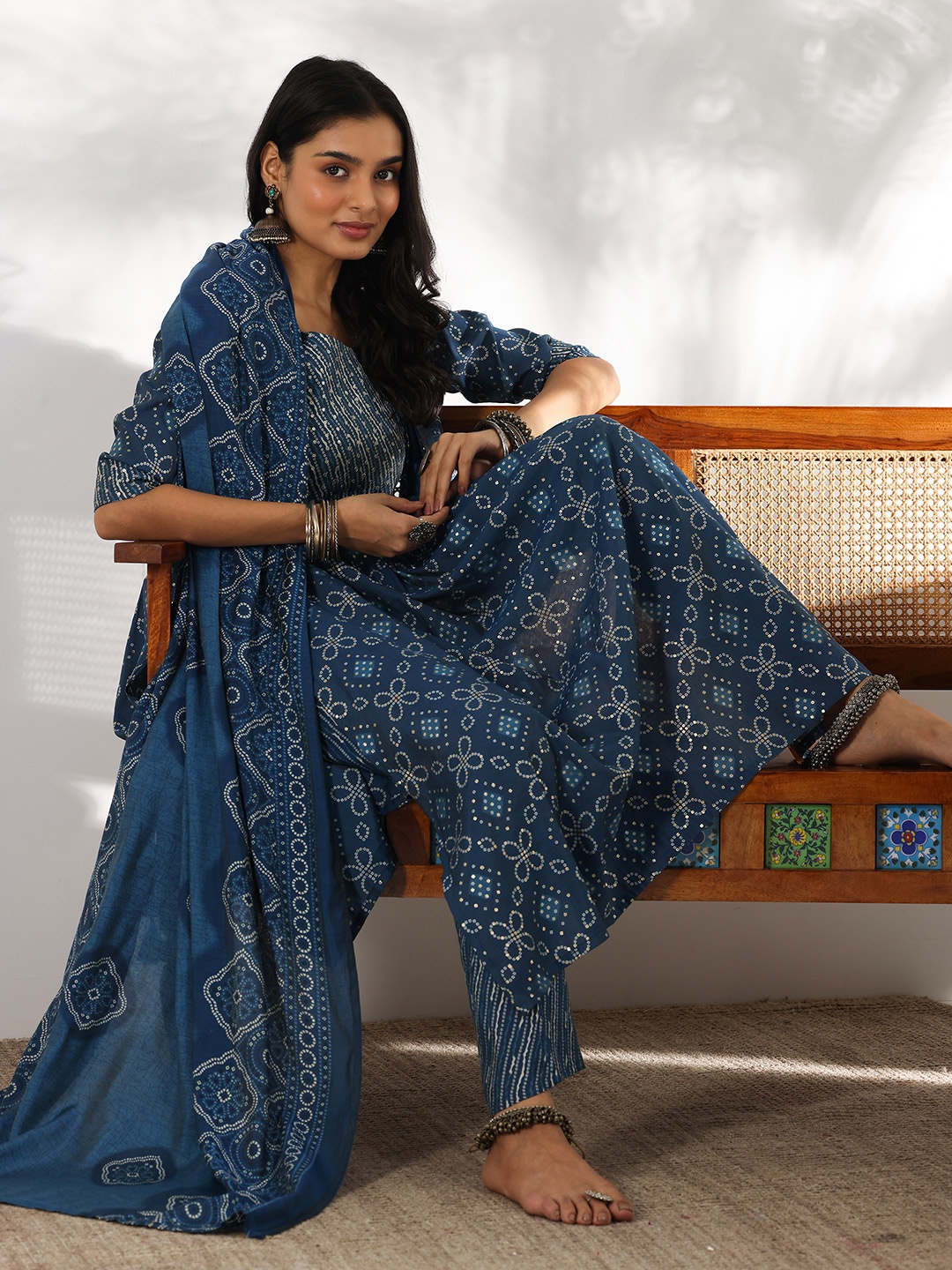 

Libas Bandhani Printed Sequinned A-Line Kurta With Trousers & Dupatta, Blue