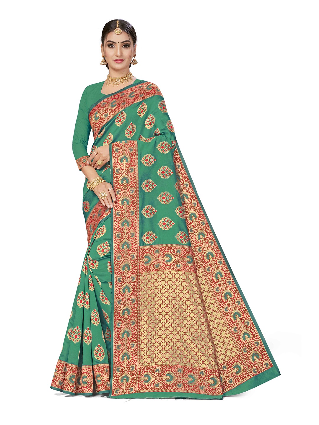 

Maroosh Floral Zari Silk Blend Banarasi Saree, Green