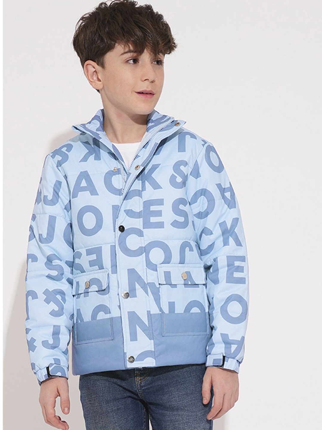 

Jack & Jones Junior Boys Mock Collar Typography Printed Casual Puffer Jacket, Blue