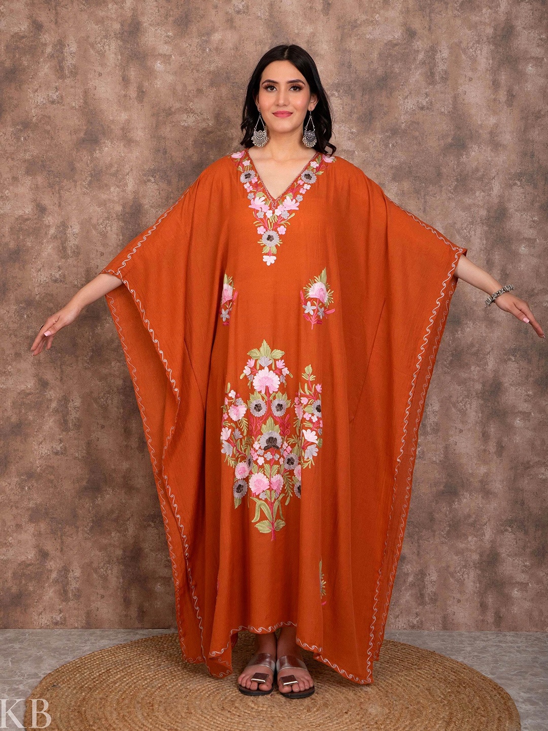 

Kashmir Box Floral Embroidered Kimono Sleeve Kaftan Maxi Dress, Orange